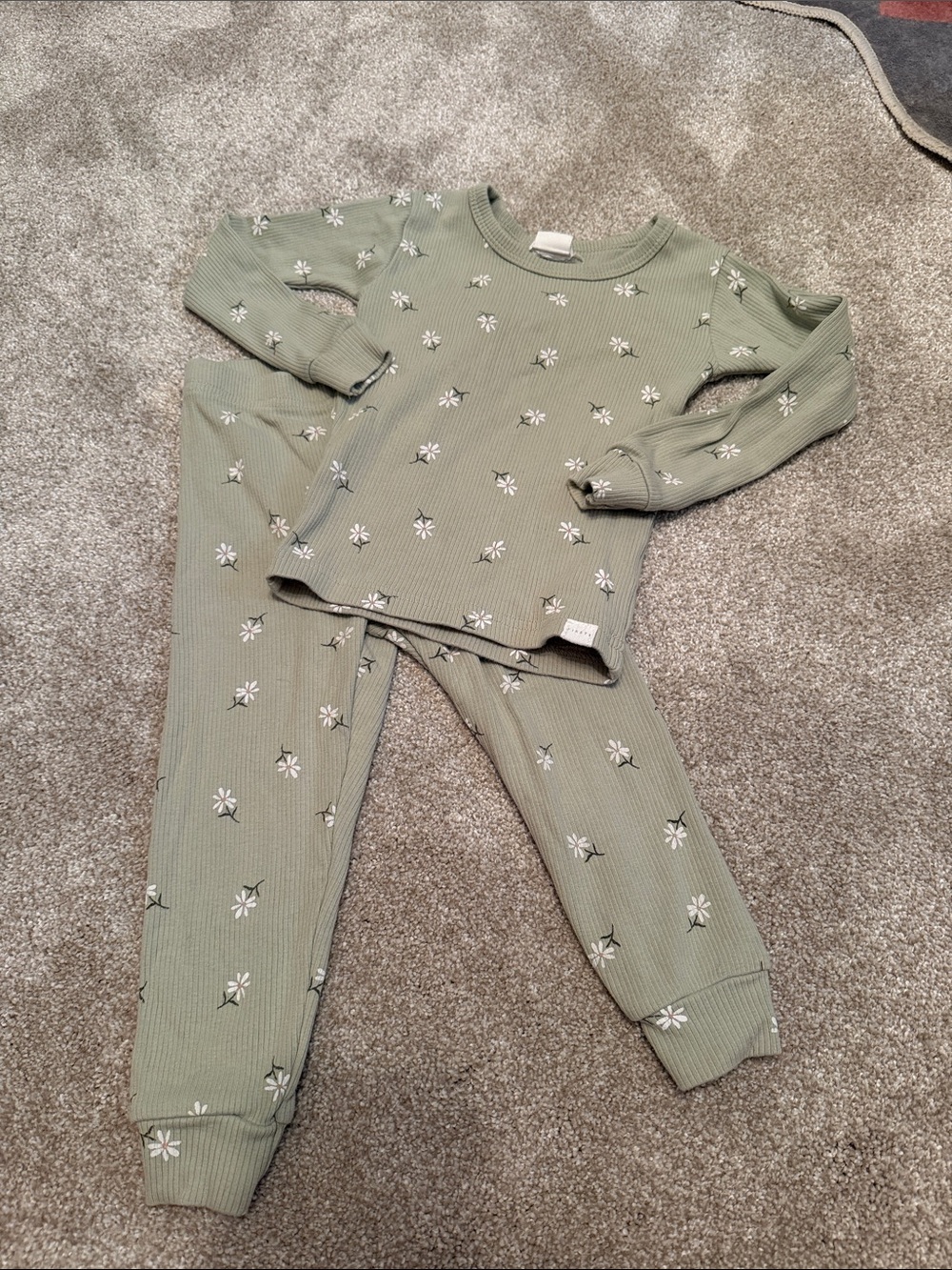 Petit Lem Sage Green Ribbed Pajama Set with White Daisy Print
